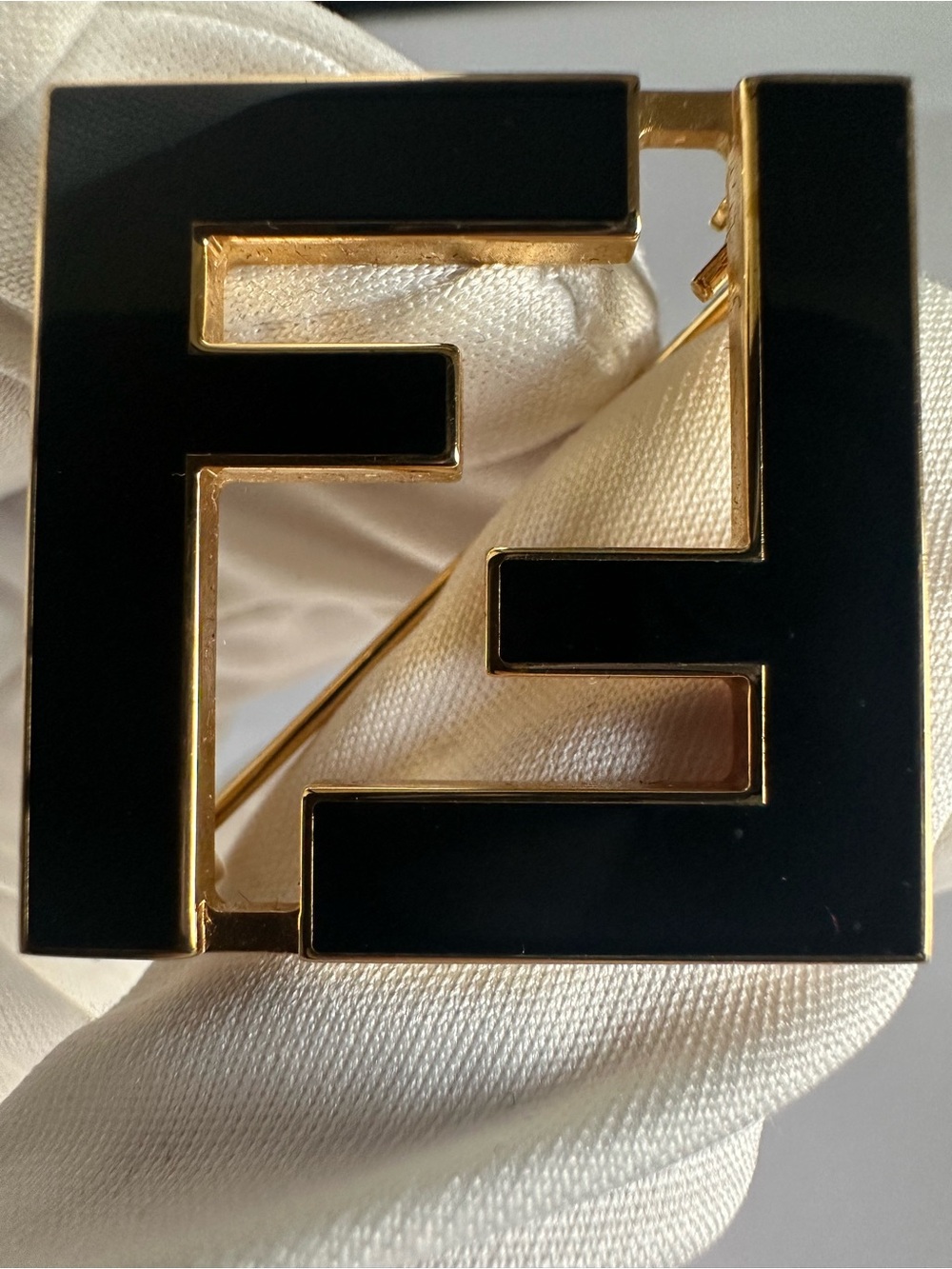 Fendi FF Logo Square Brooch Pin Black Enamel Gold Tone